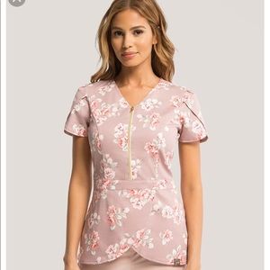 Jaanuu Blush Pink Floral Tulip Scrub Top